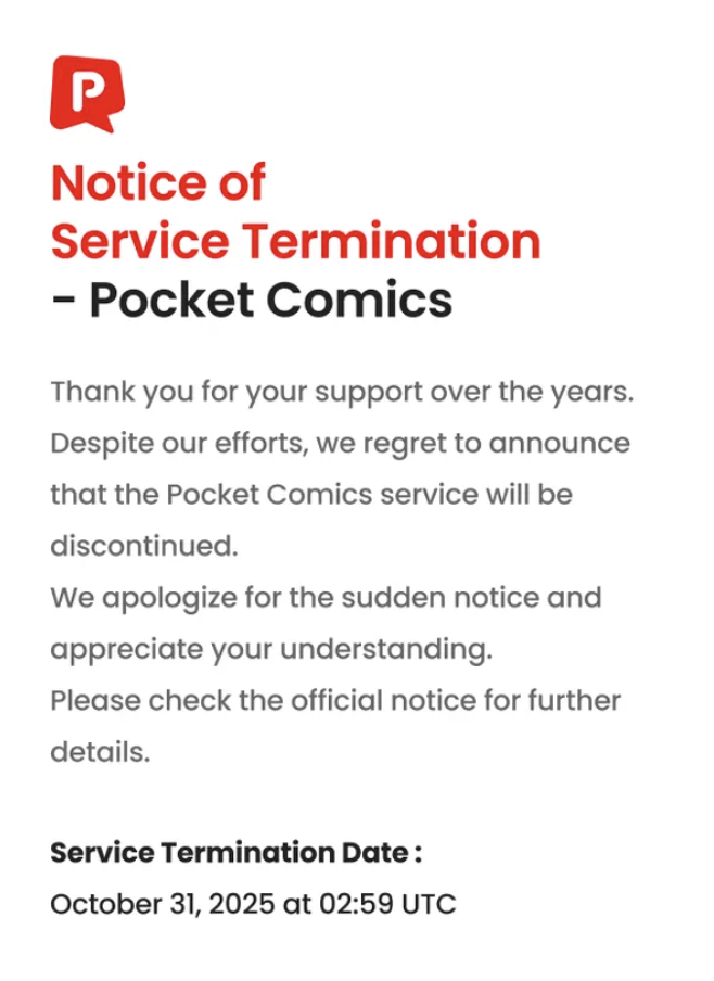 pocket comics service termination